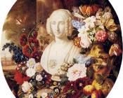 维尔 赛多利斯 : A Still Life With Assorted Flowers Fruit And A Marble Bust Of A Woman